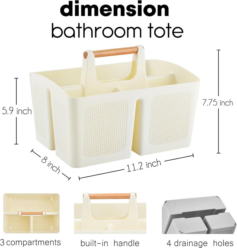 A-Link Portable Shower Caddy Basket with Compartments, Plastic Divided Cleaning Caddy Organizer Storage Tote with Handle for Bathroom, College, Dorm Room Essentials - Beige - Image 2